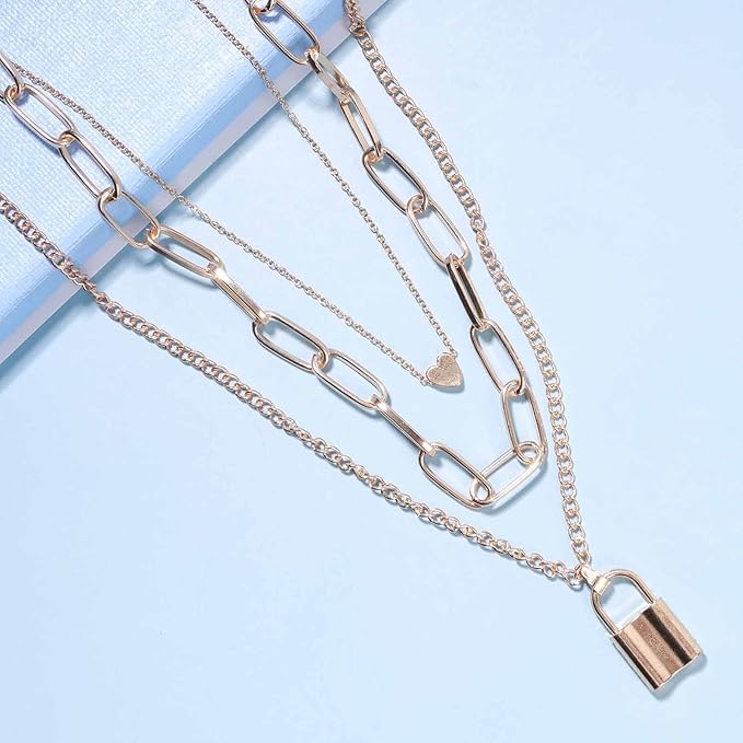 Punk Layered Heart Choker Necklace Gold Lock Pendant Necklace Chunky Paper Clip Chain Necklace Vintage Statement Necklace Chain Jewelry for Women and Girls Gift-Velvo Beauty