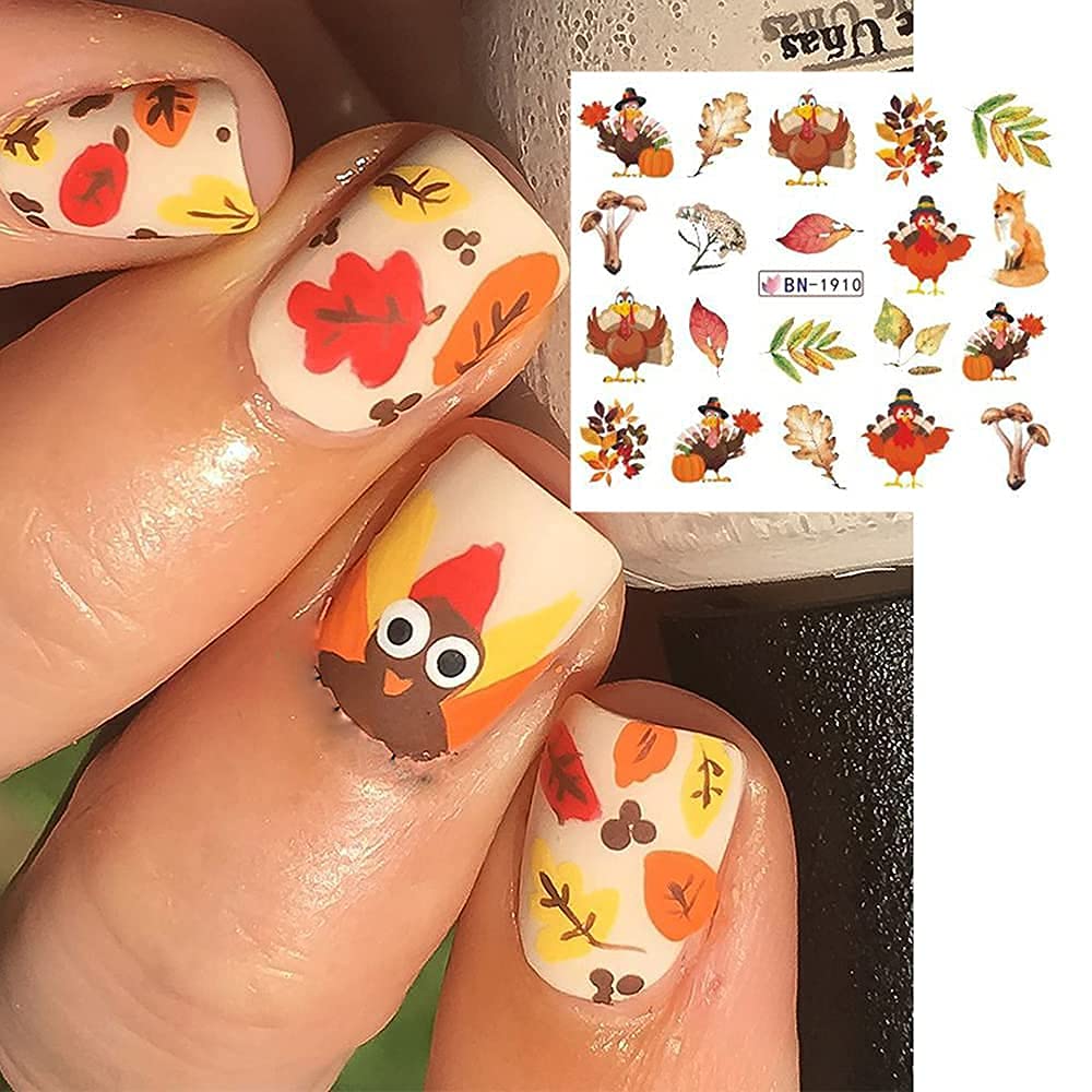 Fall Nail Art Stickers Thanksgiving Nail Decals 24 Sheets Maple Leaves Pumpkin Water Transfer Maple Leaf Turkey Pumpkin Animal Nail Design Sticker for Women Girls Fingernail Tattoos Decoration-Velvo Beauty
