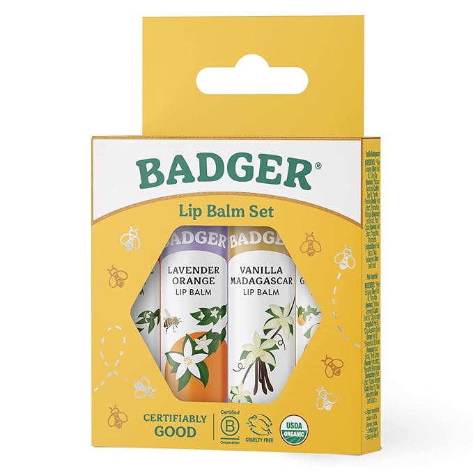 Badger - Classic Lip Balm Gold Box with Aloe, Extra Virgin Olive Oil, Beeswax & Essential Oils, Lip Balm Variety Pack, Certified Organic, 0.15 oz (4 Pack)-Velvo Beauty