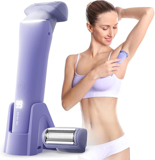 Buqikma Bikini Trimmer for Women - Painless Rechargeable Electric Razor Silk-Smooth Pubic Hair Trimmer Ipx6 Waterproof & Bikini Shaver with Charge Dock for Full Body with Ceramic Blade, Purple-Velvo Beauty