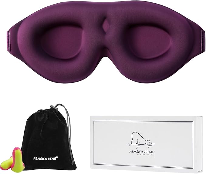 ALASKA BEAR 100% Blackout Sleep Mask for Women and Men, 3D Pillowy Soft Light Blocking Eye Mask with Contoured Eye Cups, Earplugs Set, Purple-Velvo Beauty