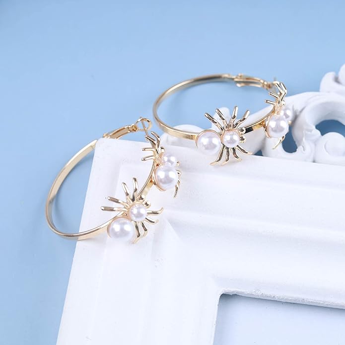 Vintage Hollow Circle Drop Earrings Pearl Spider Dangle Earrings Gold Spider Circle Earrings Exaggerated Circle Huggie Hoop Earrings Jewelry for Women-Velvo Beauty