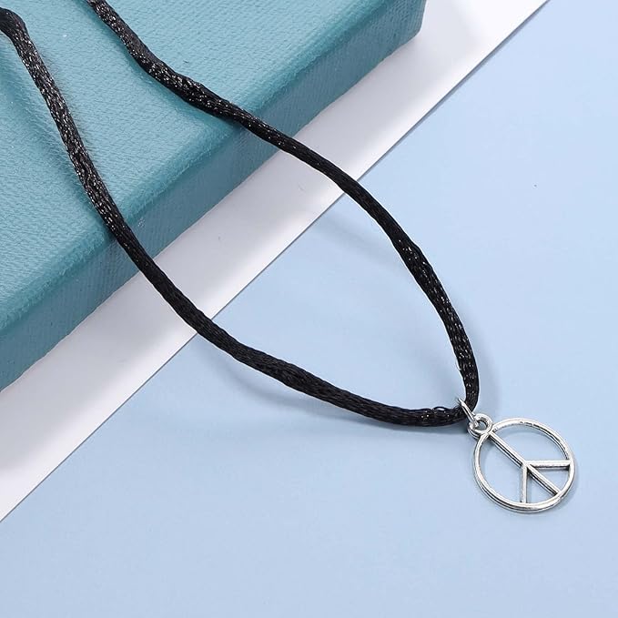 Boho Peace Choker Necklace Black Cord Circle Necklace Short Round Necklace Vegan Necklace Chain Jewelry for Women and Girls-Velvo Beauty