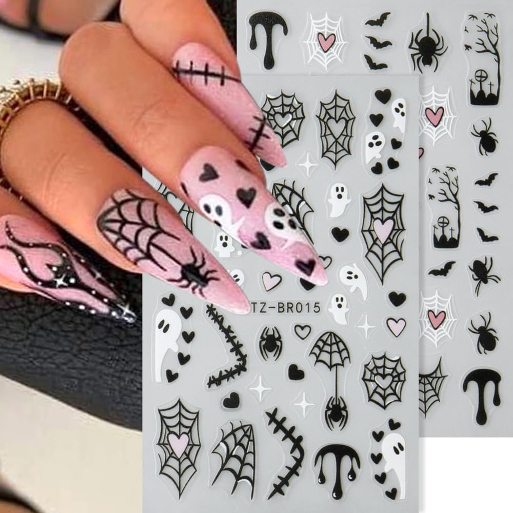 4sheets Halloween Nail Stickers 3D Self-Adhesive Ghost Nail Art Stickers - Black Spider Bat Decals with Heart Spider Web Blood Droplets Design for Women DIY Holiday Nail Decoration-Velvo Beauty