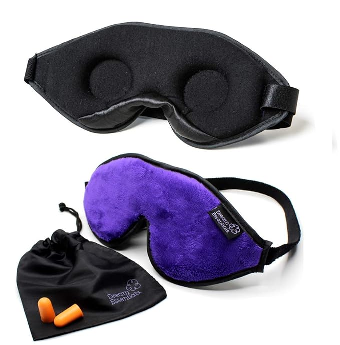 Dream Essentials, Escape 3D Sleep Mask, Earplugs, Carry Pouch Set, Molded Eye Shade, Men and Women, Contoured, Nose Bridge, Light Block, Memory Foam, Gift Set, Travel, Yoga, Blindfold, Deep Purple-Velvo Beauty