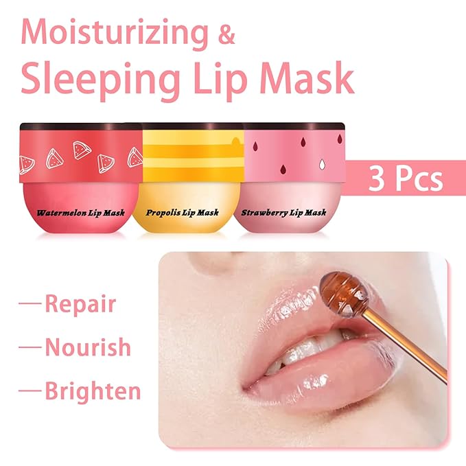 3 Pcs Bee Lip Balm Honey Pot, Honey Strawberry Watermelon Lip Mask Overnight, Moisturizing Sleeping Lip Mask, Hydrate Repair Prevent Dry Cracked Lip Care (Honey+Strawberry+Watermelon)-Velvo Beauty
