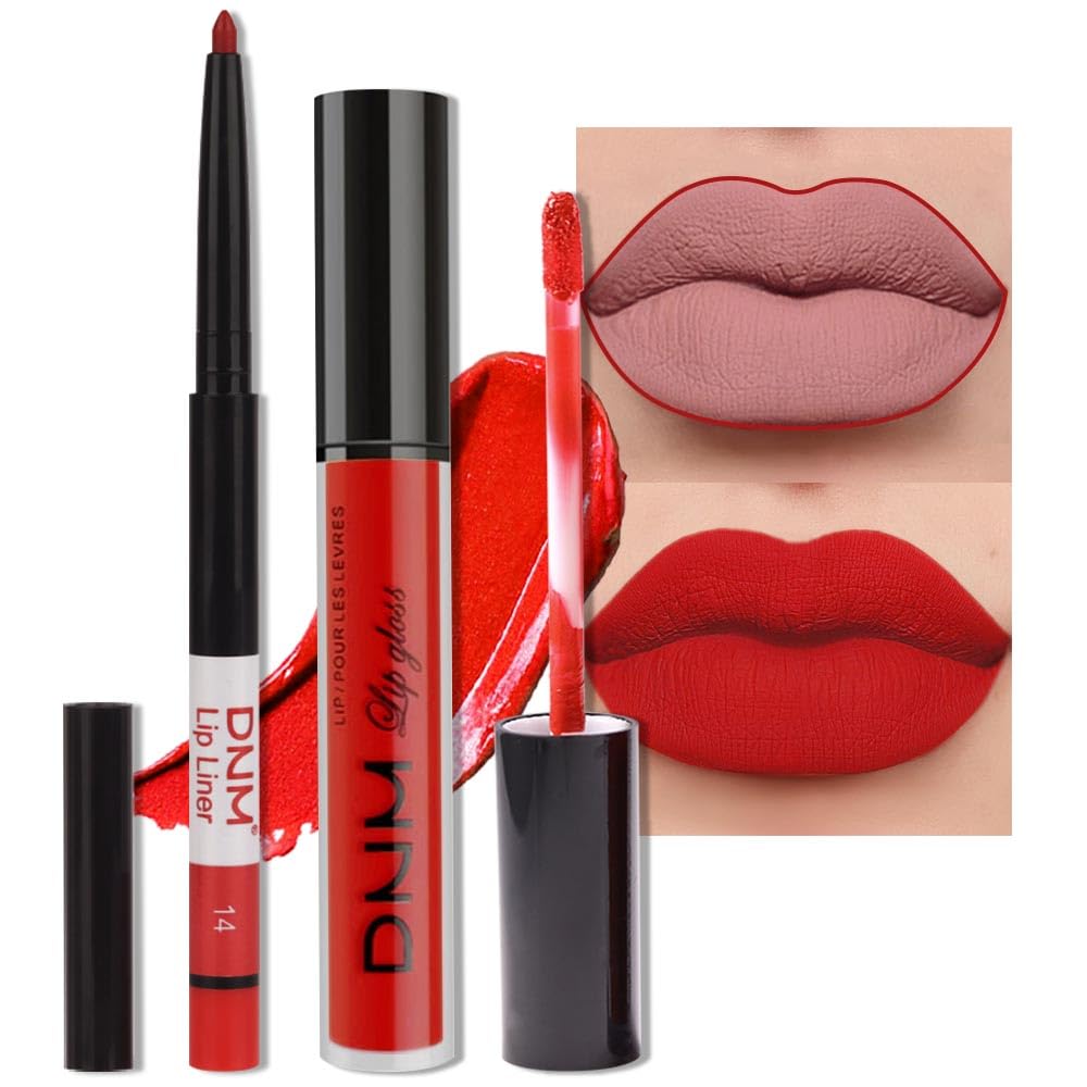evpct 2Pcs Ruby Red Matte Lip Liner and Lipstick Combo Red Lip Gloss Stains Pencil Makeup Set Women Waterproof Long Lasting 24 Hours Lipstick and Lip Liner Set labiales mate 24 horas originales 14-Velvo Beauty