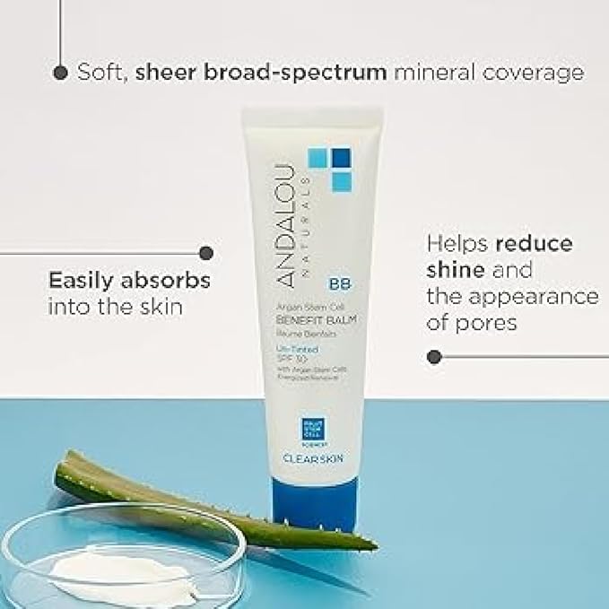 Andalou Naturals CLEAR SKIN Argan Stem Cell BB Benefit Balm, Un-Tinted SPF 30, 2-in-1 BB Cream & Face Sunscreen with Broad Spectrum Protection, Mineral Sunscreen for Oily Skin, 2 Fl Oz-Velvo Beauty