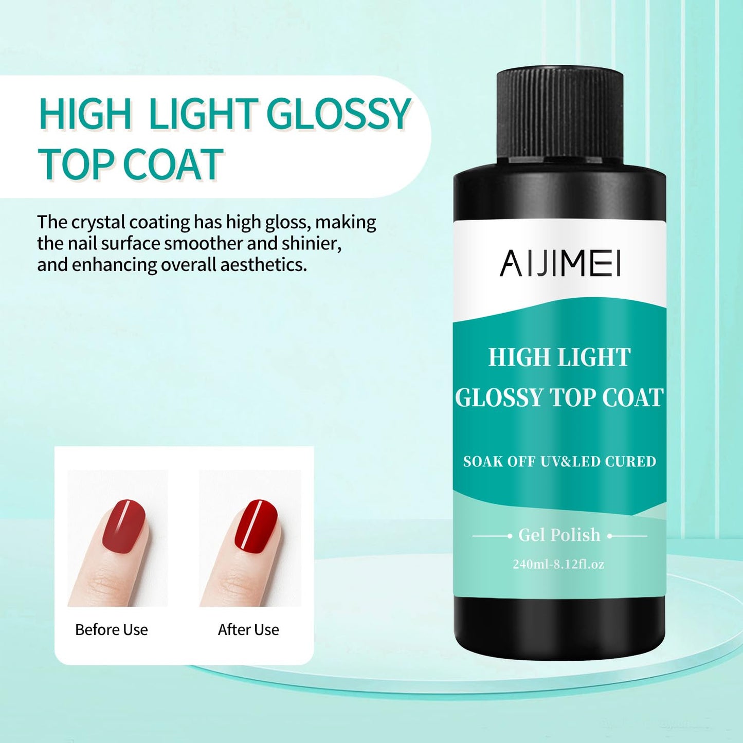 AIJIMEI 240ml High Shine Glossy Top Coat for Nails Long Lasting, Smooth TopCoat, High Light Glossy Top Coat for DIY Nail Art Use Enhance Your Manicure with Brilliant Reflection 8 Fl Oz-Velvo Beauty