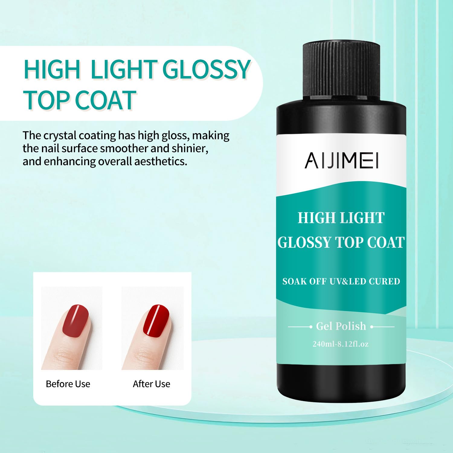 AIJIMEI 240ml High Shine Glossy Top Coat for Nails Long Lasting, Smooth TopCoat, High Light Glossy Top Coat for DIY Nail Art Use Enhance Your Manicure with Brilliant Reflection 8 Fl Oz-Velvo Beauty