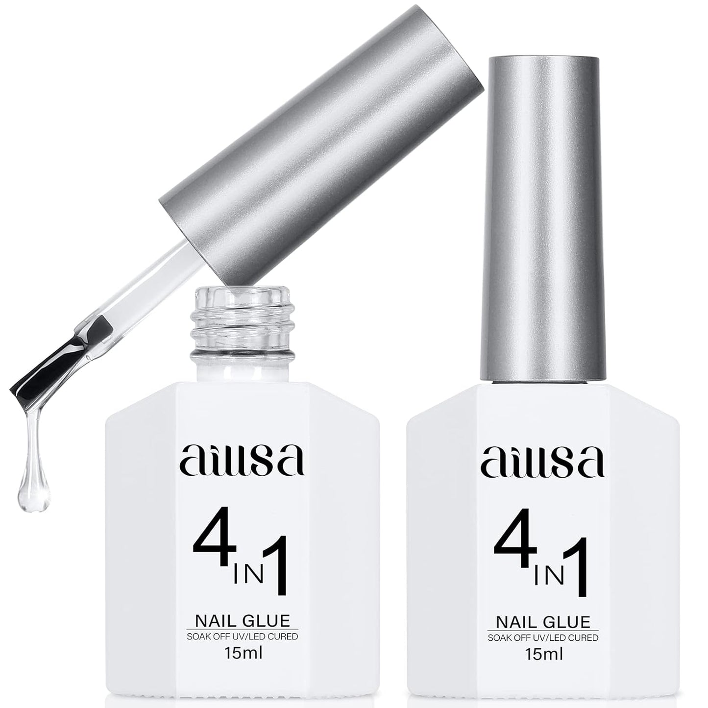 AILLSA 2PCS Gel Nail Glue for Acrylic Nails, 4 in 1 Super Strong Adhesive for False Tips, UV Curing Needed, 15ml High Capacity Extension Brush On for Rhinestone Pearl Foil-Velvo Beauty