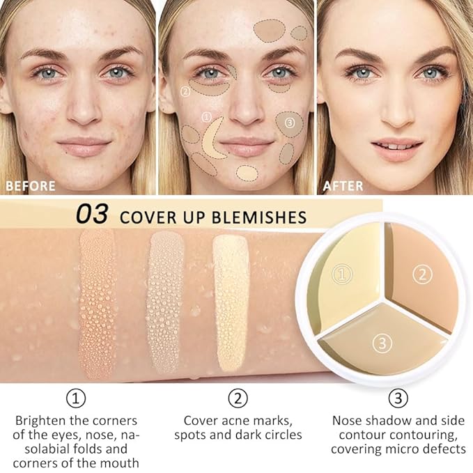 Kaely 3Pcs Tri Color Concealer Pot,Color Correcting Concealer for Dark Circles Spots,Cream Concealer Full Coverage,Foundation Contour Makeup Palettes,under Eye Brightener corrector de ojeras,01+02+03-Velvo Beauty