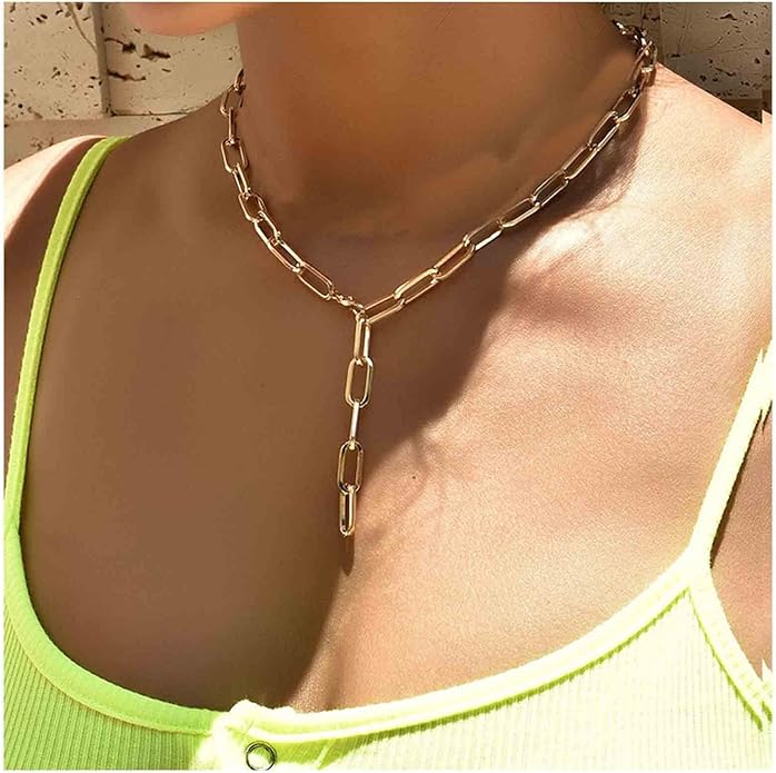 Boho Link Chain Y Necklace Gold Chain Lariat Necklace Chunky Chain Drop Necklace Paperclip Statement Necklace Jewelry for Women-Velvo Beauty
