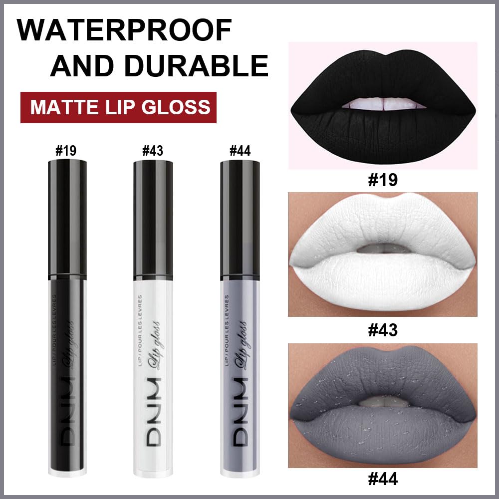 evpct 3Pcs Dark Black Grey Gray White Matte Liquid Lipstick Lip Stain Sets for Women Matte+Lipstick Long Lasting Permanent 24 hr Hours Magic Lipstick 24 Hours original Waterproof 16#-Velvo Beauty