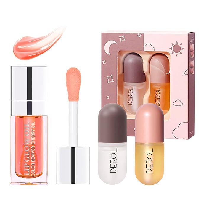 Plumping Lip Oil, Hydrating Lip Glow Oil Cherry, Plumper Lip Gloss Oil Set Clear, Lip Oil Tinted for Lip Care and Dry Lips, Long Lasting Nourishing Lip Glow Oil,Lip Plumper Gloss(001 PINK)-Velvo Beauty