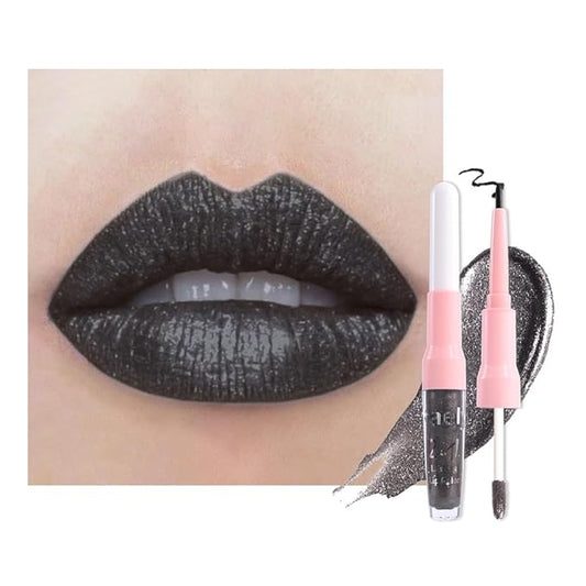 evpct Black Metallic Glitter Lip Liner and Lipstick Combo Lip Gloss Stain Set Makeup for Women Long Lasting Waterproof 24, Goth Gothic Halloween Metallic Shimmer Frosted Iridescent Liquid Lipstick 17-Velvo Beauty