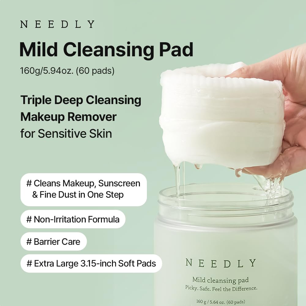 NEEDLY Mild Cleansing Pad, Makeup Remover for Sensitive Skin, Triple Deep Cleansing, Barrier Care with Only Two Surfactants & Panthenol, Extra-Large Soft Vegan Pad, Korean Skincare-Velvo Beauty