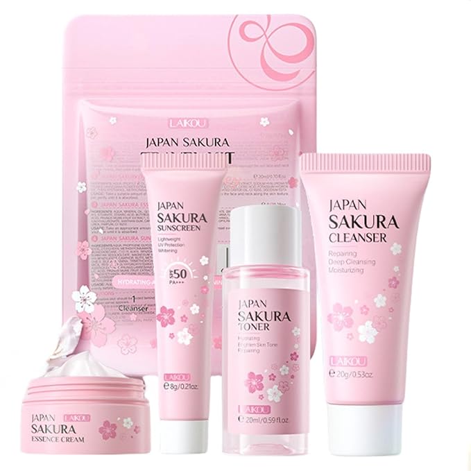 Sakura Travel Skincare Set for Teenage Girls - Face Routine Set for Women,4 Piece Gentle Skin Cleaning & Care Travel Size Kit With Cleanser, Toner, sunscreen and Face Cream-Velvo Beauty
