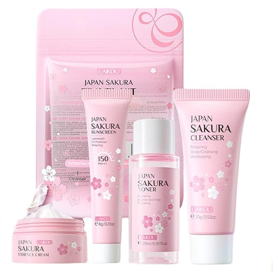 Sakura Travel Skincare Set for Teenage Girls - Face Routine Set for Women,4 Piece Gentle Skin Cleaning & Care Travel Size Kit With Cleanser, Toner, sunscreen and Face Cream-Velvo Beauty