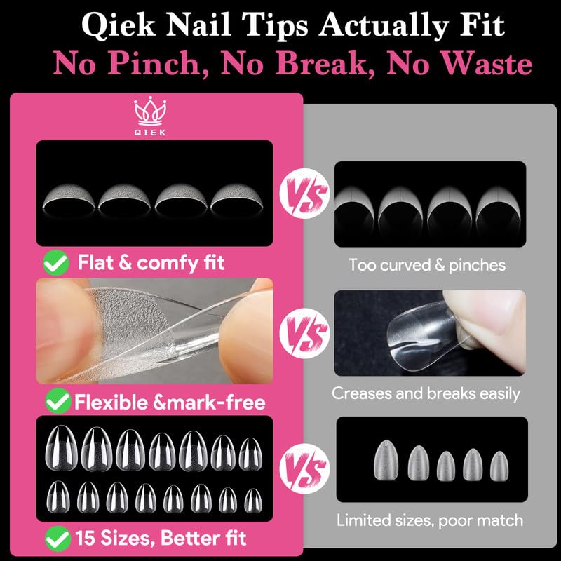 Short Almond False Nail Tips, 15 Sizes 510 PCS Clear Soft Press On Fake Nail Pre-shaped Half Matte Full Cover Gel Nail Tips Extensions Strong Thick Long Lasting for DIY Beginners & Salon Manicure-Velvo Beauty