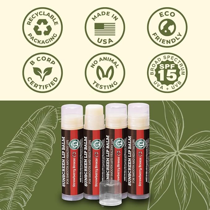 SPF Lip Balm 4-Pack by Earth's Daughter - Lip Sunscreen, SPF 15, Organic Ingredients, Strawberry Flavor, Beeswax, Coconut Oil, Vitamin E - Hypoallergenic, Paraben Free, Gluten Free-Velvo Beauty