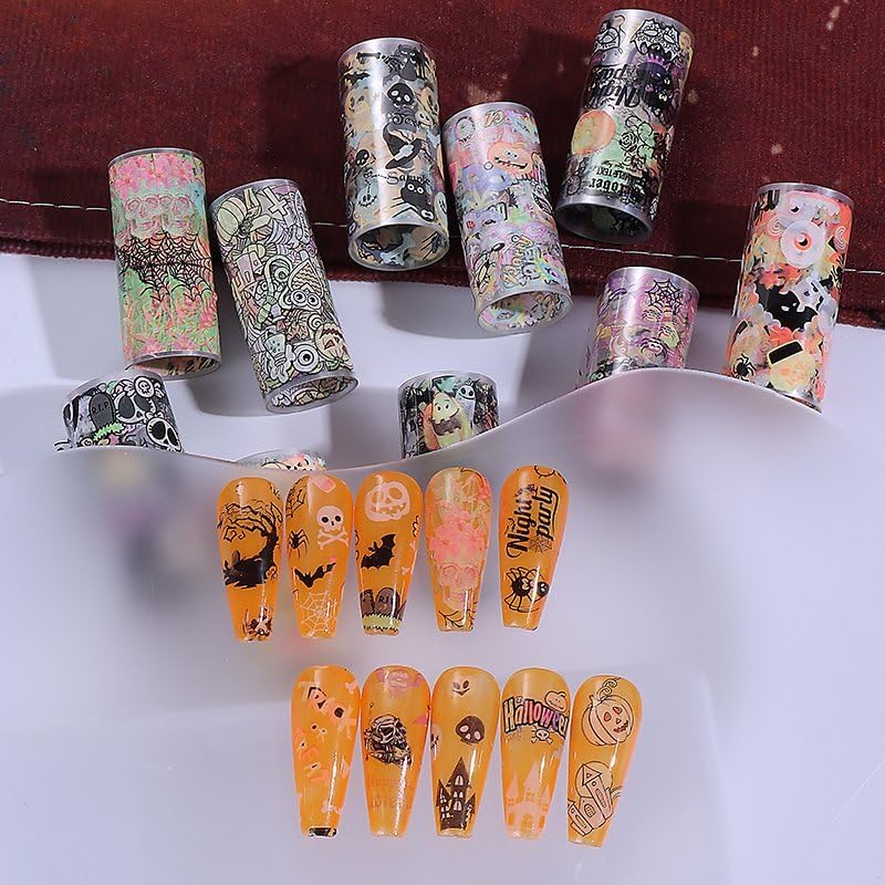 Halloween Nail Foil Transfer Stickers 10 Rolls Pumpkins Skull Nails Stickers Funny Purple Black Bat Nail Foils 1 Box Colorful Starry Sky Paper Nail Decals Halloween Nails Art Sticker Nails Art Decals-Velvo Beauty