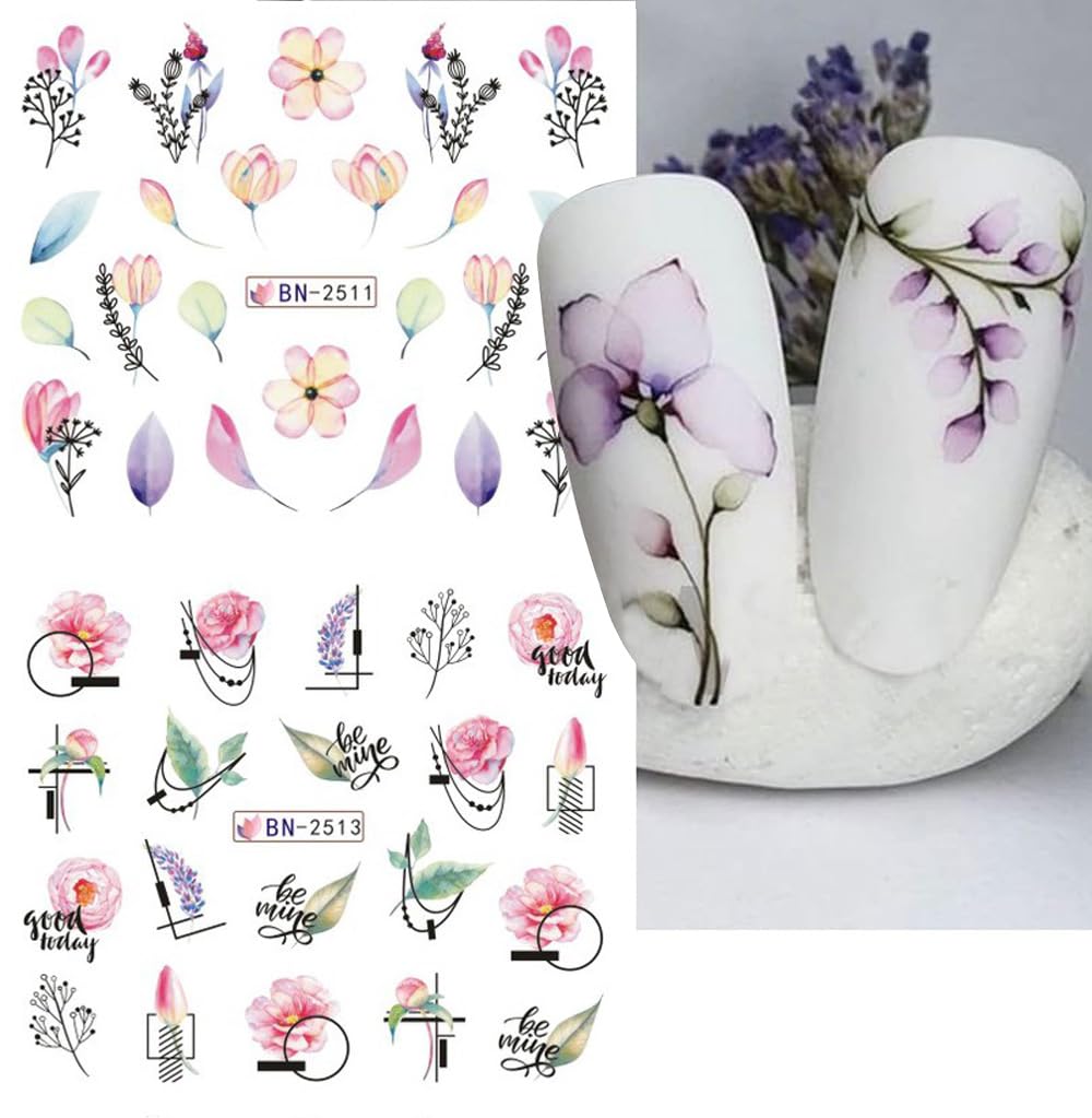 12 Sheets Flower Nail Water Transfer Decals, Nail Art Stickers for Women, Holographic Colorful Flower Leaf Patterns Nail Designs Supplies, Acrylic Nails Decorations DIY Resin Nail Decal Tattoos Set-Velvo Beauty