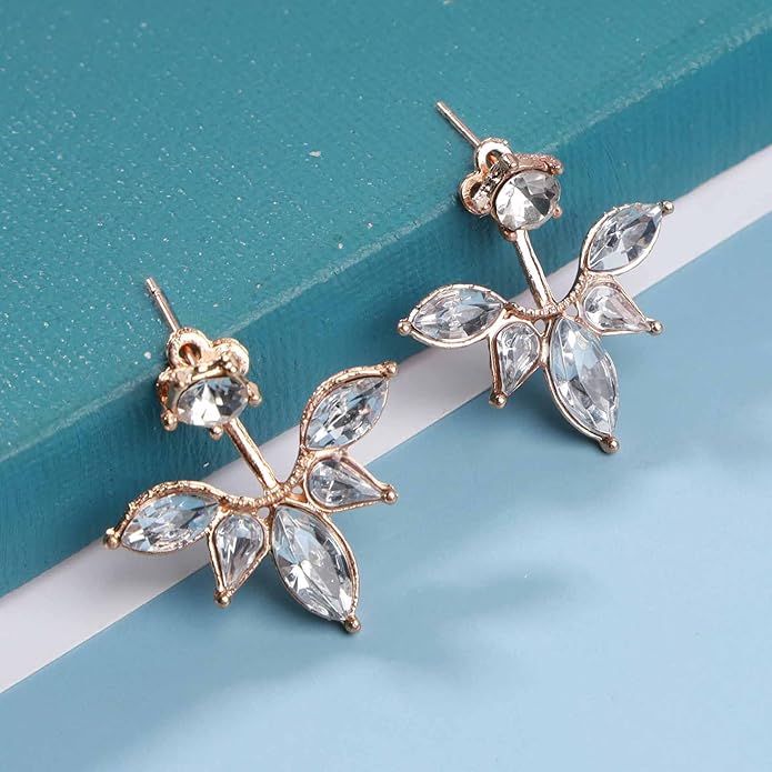 Boho Crystal Lotus Jackets Earrings Gold Crystal Studs Earrings Sparkle Rhinestone Ear Jackets Earrings CZ Ear Climber Earrings Wedding Earrings Jewelry for Women and Girls-Velvo Beauty