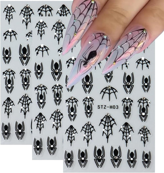 3 Sheets Halloween Nail Art Stickers Black Spider Nail Stickers for Nail Art 3D Self-Adhesive Black Spider Web with Diamond Design Halloween Nail Charms Goth Decorations for Women DIY-Velvo Beauty