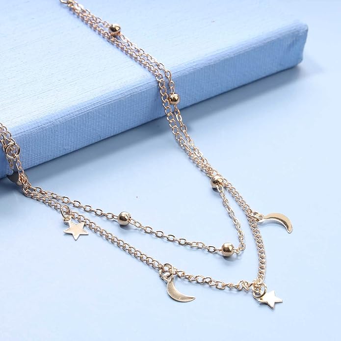 Boho Star Moon Necklace Choker Gold Layered Star Choker Necklace Crescent Moon Necklace Celestial Necklace Chain Festival Jewelry for Women and Girls-Velvo Beauty