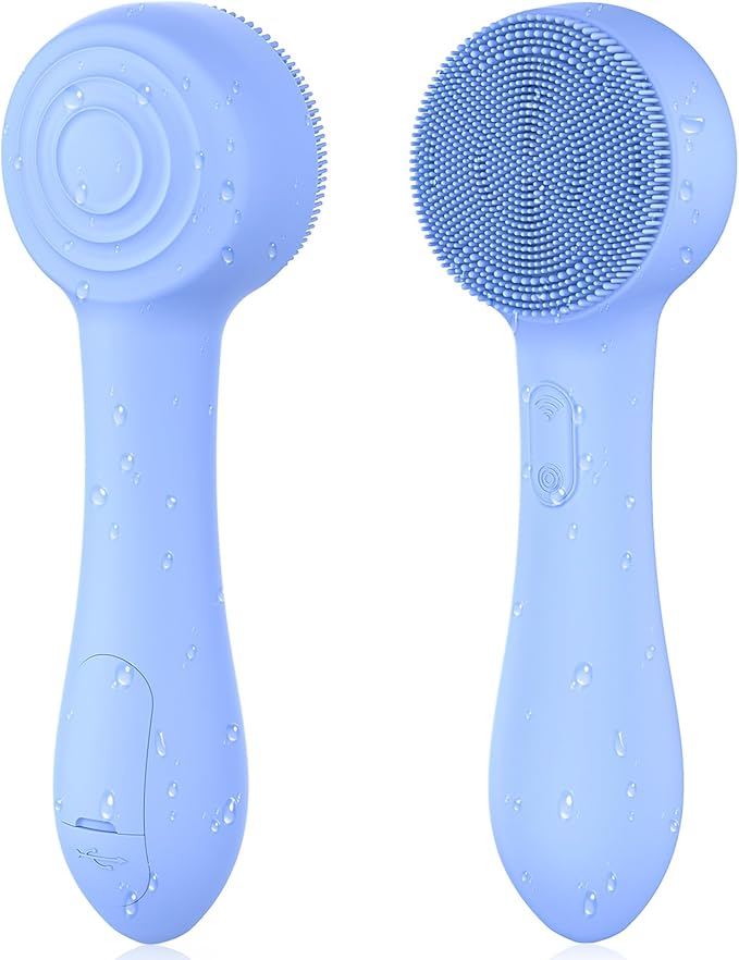 Facial Cleansing Brush Silicone Face Scrubber Waterproof Rechargeable Exfoliator Massage Device for Men & Women, Deep Pore Cleansing, Exfoliating, Removing Blackhead Electric Face Scrub Brush (Blue)-Velvo Beauty