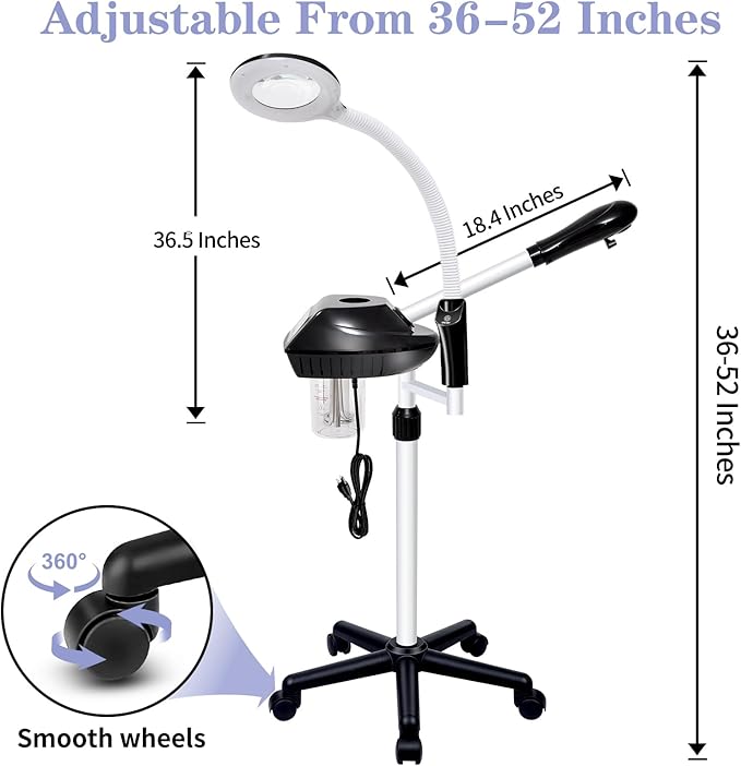 Professional Facial Steamer, 2 in 1 Face Steamer on Wheels, with 5X Magnifying Lamp, Facial Steamer with Time Setting, Stand Face Steamer Adjustable Height for Spa, Salon and at Home use-Velvo Beauty