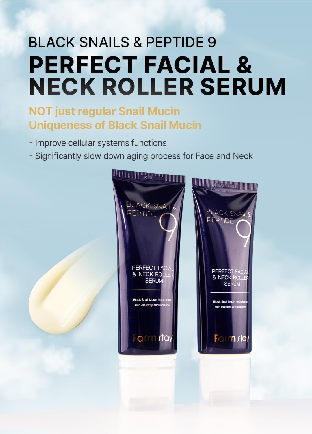 Farmstay Black Snail & Peptide 9 Perfect Facial & Neck Roller Serum – Firming & Lifting, Deep Hydration & Skin Elasticity, Snail Mucin & 9 Peptides for Youthful Glow & Smooth Skin, 100ml-Velvo Beauty