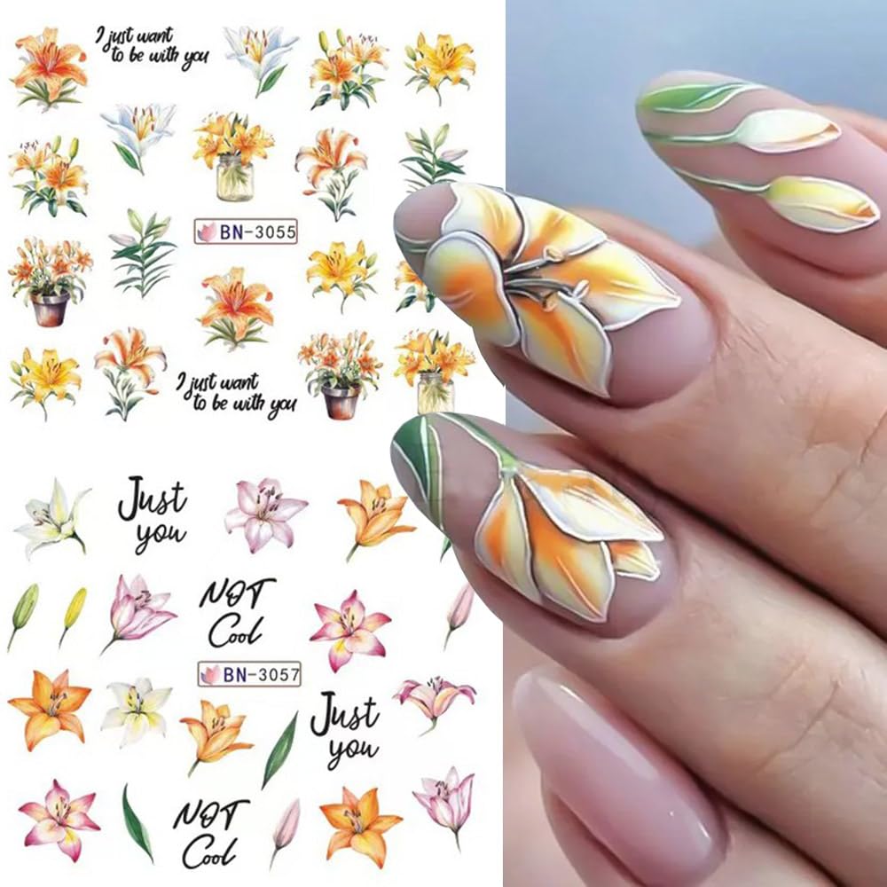 12 Designs Flower Nail Art Stickers - Lily Acrylic Decals for Spring Summer Decorations - Colorful Assorted Floral Water Transfer Slider Foil Sticker for Women-Velvo Beauty