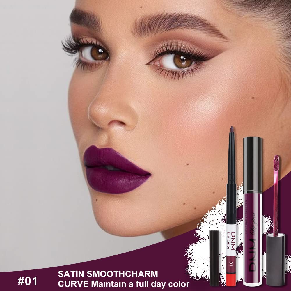 evpct 2Pcs Purple Plum Matte 24-hour Liquid Lipstick and Lip Liner Pencil Makeup Set Women Dark Red Bright Berry Liquid Lipstick Matte Lip Tint 24H and with Lip Liner Set Waterproof Long Lasting 1-Velvo Beauty