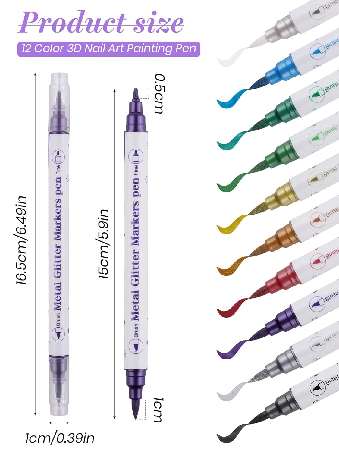 10 Color Metal Giltter 3D Nail Art Pens Set, Kalolary Double-ended Nail Point Dotting Pen Drawing Painting Liner Brush for DIY Nail Art Beauty Adorn Manicure Tools(G)-Velvo Beauty