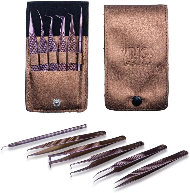 5 Pcs Fiber-Tip Japanese Steel Lash Tweezer Set with Leather Case, Professional Eyelash Tweezers for Lash Extensions – Titanium Coated, 90 & 45 Angled, Precision Pointed Tweezers (METALIC-ROSE)-Velvo Beauty