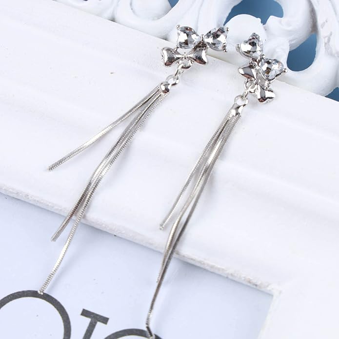 Vintage Crystal Bow Chain Drop Earrings Rhinestone Heart Stud Earrings Silver Long Chain Tassel Earrings Sparkly Cz Bridal Earrings Jewelry for Women-Velvo Beauty