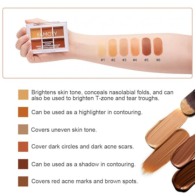 6 Color Correcting Concealer Palette With Concealer Brush, Tattoo Concealer, Cream Contouring Makeup Kit, Corrects Dark Circles Red Marks Scars Light Mediumor creamy concealer A3-Velvo Beauty