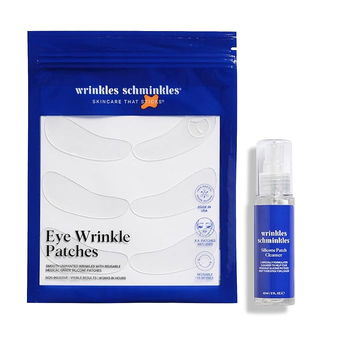 Wrinkles Schminkles Under Eye Wrinkle Starter Pack - Set of Reusable Under Eye Wrinkle Patches (3 pairs) + Silicone Patch Cleanser (2 oz) for Smoother Under Eyes & Fresh Look-Velvo Beauty
