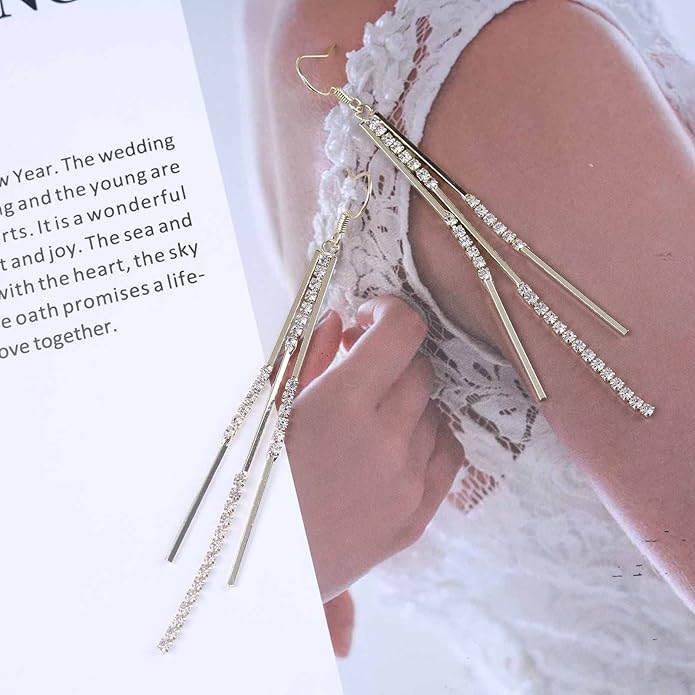 Vintage Crystal Tassel Earrings Rhinestone Bar Drop Earrings Long Rhinestone Chain Earrings Gold Cz Bar Hook Earrings Sparkle Tennis Chain Earrings Jewelry for Women-Velvo Beauty