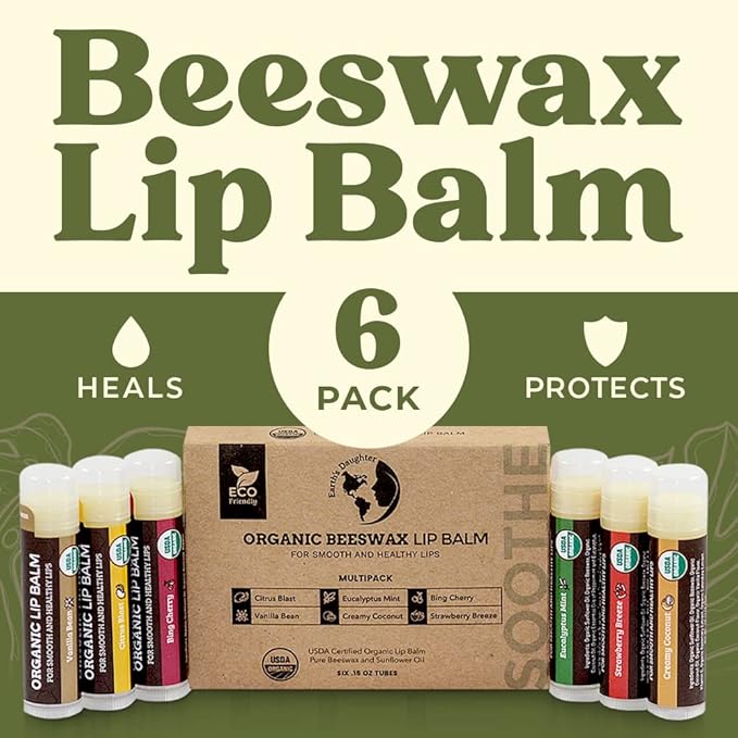 USDA Organic Lip Balm 6-Pack by Earth's Daughter - Fruit Flavors, Beeswax, Coconut Oil, Vitamin E - Best Lip Repair Chapstick for Dry Cracked Lips - Moisturizing Lip Care-Velvo Beauty