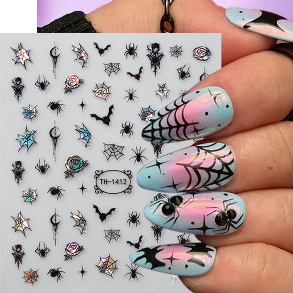 6 Sheets Halloween Nail Stickers Decals, 3D Spider Nail Sticker Decoration Self-Adhesive Colorful Red Rose Flowers Spider Web for Nails Stickers DIY Manicure Art Halloween Decoration-Velvo Beauty