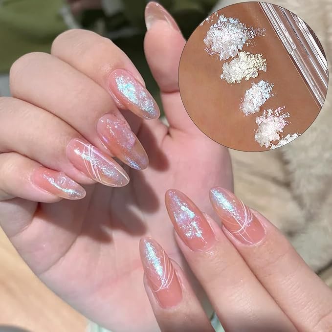 Iridescent Nail Glitter Set, 6 Colors Mud Texture Aurora Chrome Powder, Pink Blue Pearlescent Glitter, Chameleon Nail Flakes Gold Leaf, Holographic Manicure Decor-Velvo Beauty