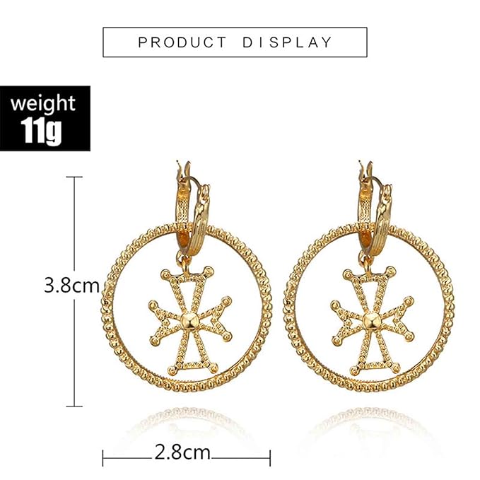Punk Circle Cross Earrings Gold Circle Drop Dangle Earrings Brass Geometric Earrings Modern Chunky Drops Earrings Jewelry for Women and Girls Gifts-Velvo Beauty