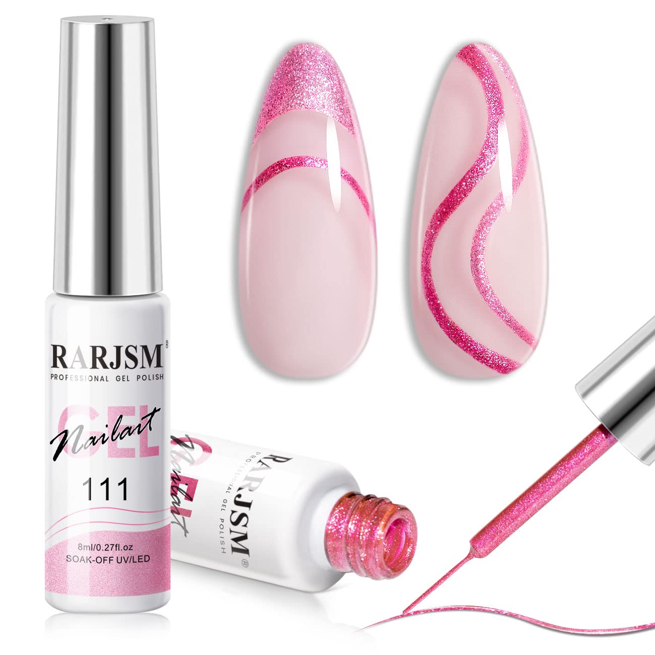 RARJSM Metallic Gel Liner Nail Art Pink,Glitter Painting Gel Nail Polish 2PCS Set,Mirror Chrome Hot Pink Drawing Line Art Gel with Thin Brush Nail Design Line Wire Curing Requires 8ml DIY Manicure-Velvo Beauty