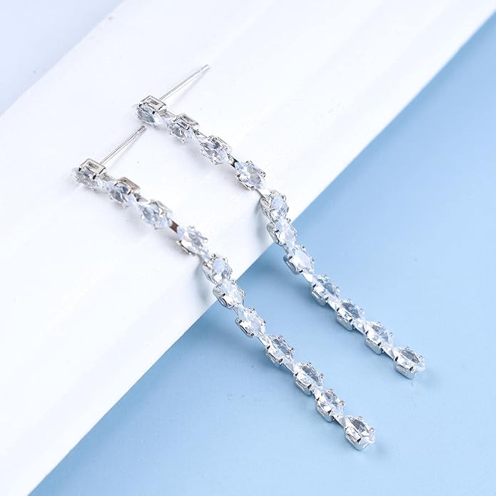 Vintage Rhinestone Chain Drop Earrings Silver Linear Crystal Earrings Sparkle Cz Tassel Earrings Long Cz Chain Stud Earrings Jewelry for Women and Girls-Velvo Beauty