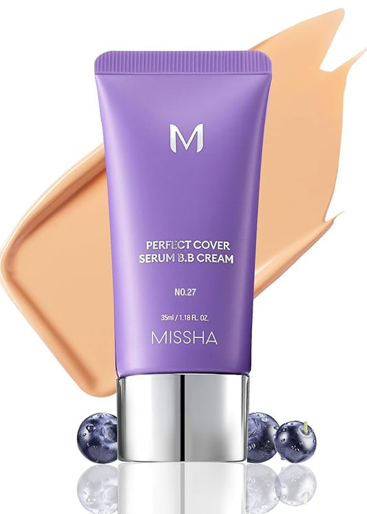 MISSHA M PERFECT COVER SERUM BB CREAM No.27 Honey Beige- Medium with Cool/Neutral Undertone, BB Cream by Cardi B Pick, Skin Tint, Tinted Moisturizer, Skin Care Foundation Makeup, 1.18 Fl oz-Velvo Beauty