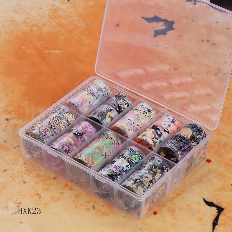 Halloween Nail Foil Transfer Stickers 10 Rolls Pumpkins Skull Nails Stickers Funny Purple Black Bat Nail Foils 1 Box Colorful Starry Sky Paper Nail Decals Halloween Nails Art Sticker Nails Art Decals-Velvo Beauty