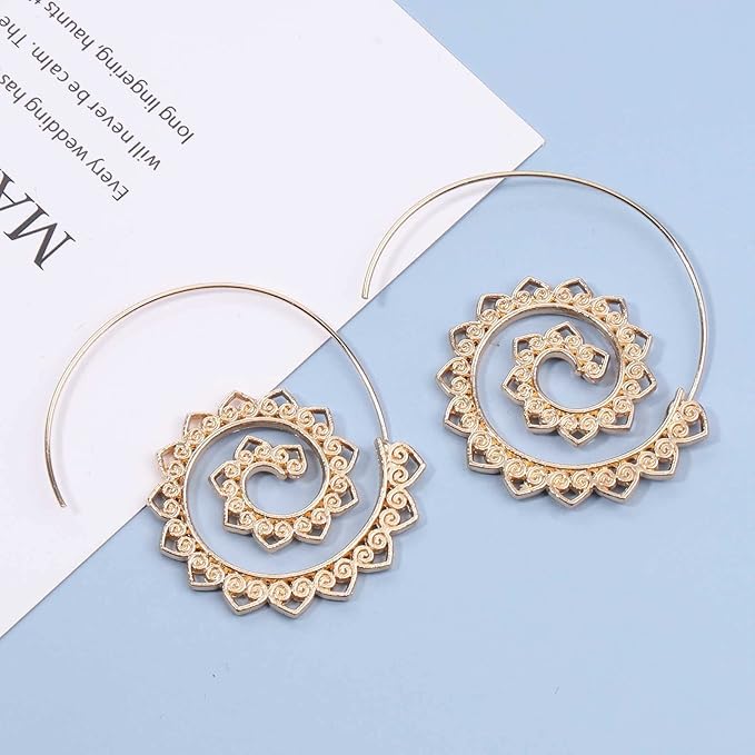 Bohemia Mandala Spiral Earrings Gold Vortex Gear Earrings Exaggerated Hoop Earrings Large Circular Swirl Earrings Indian Tribal Earrings Jewelry for Women and Girls-Velvo Beauty
